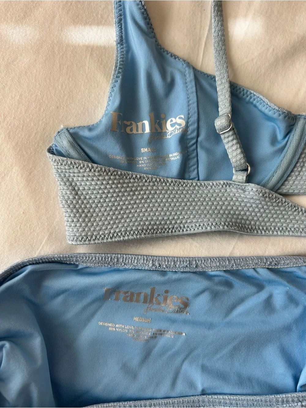 Frankie's Bikinis Grotto High Waisted Metallic Light Blue Shimmery Bikini Set